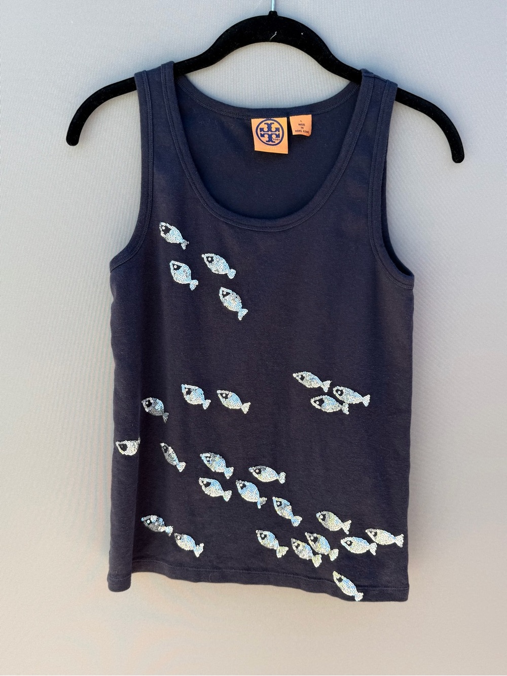 Tory Burch Sequin Fish Tank Top Navy Blue Size L 100% Cotton